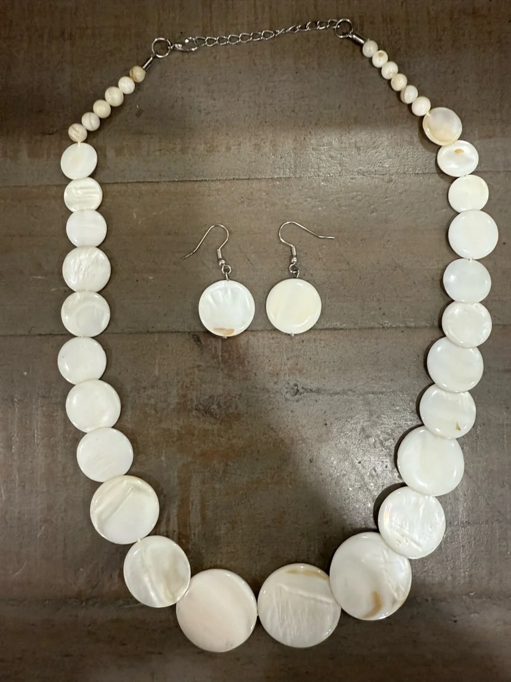 White Shell Disc Statement Necklace & Matching Earrings Set